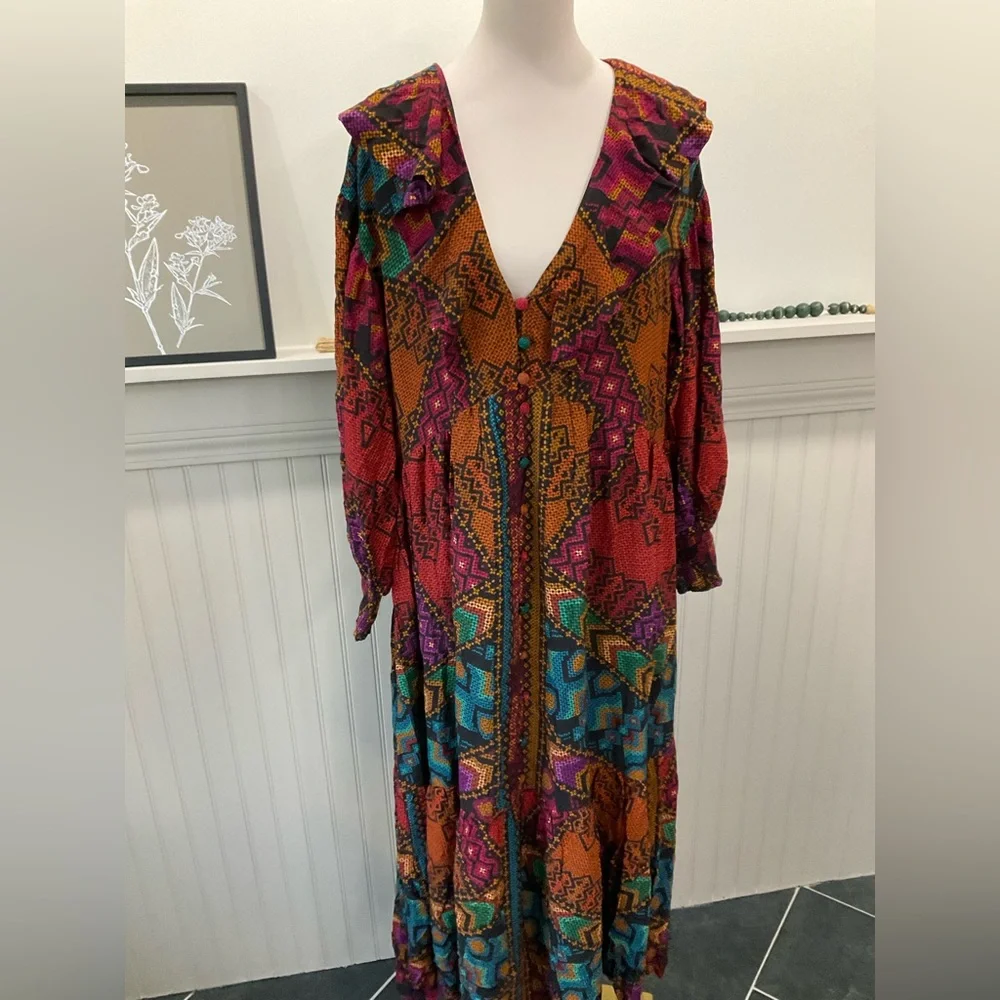 Farm Rio Yawanawá Stripes Maxi Dress NWT Beaded Buttons L/XL Boho - Picture 2 of 5